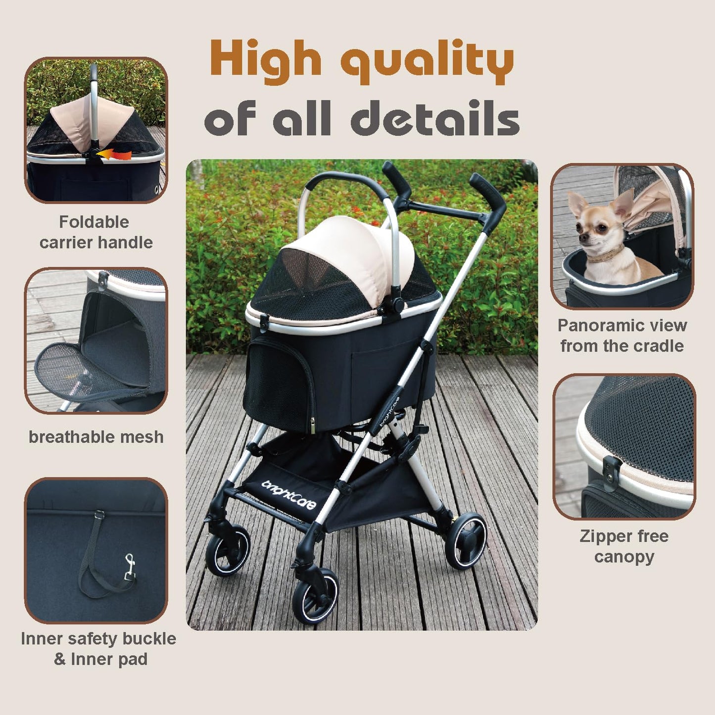 BRIGHTCARE Pet Stroller for Small Dogs & Cats Under 20 lb with Detachable Carrier, Converts to Car Seat, Ultra-Lightweight only 11lb, One Hand Fold