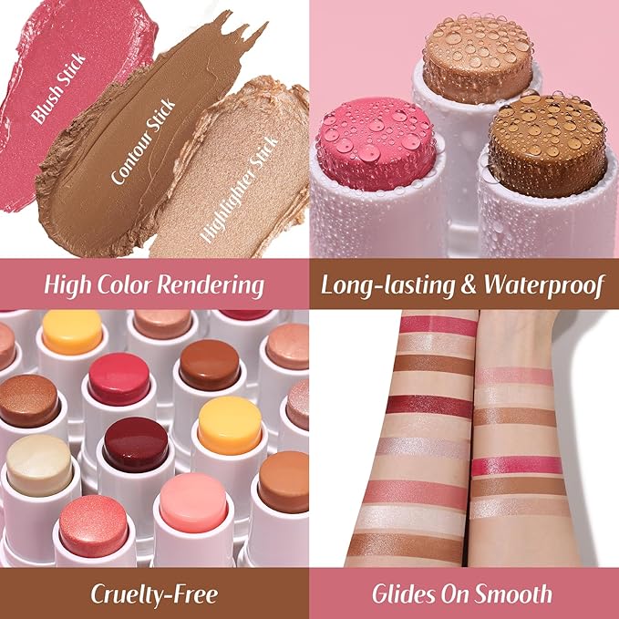 KIMUSE Face Sticks Trio, Cream Blush Stick & Highlighter Stick & Contour Stick for Sculpt the Cheeks, Long Lasting Cream Contour Stick Trio for Face Makeup, with Brush