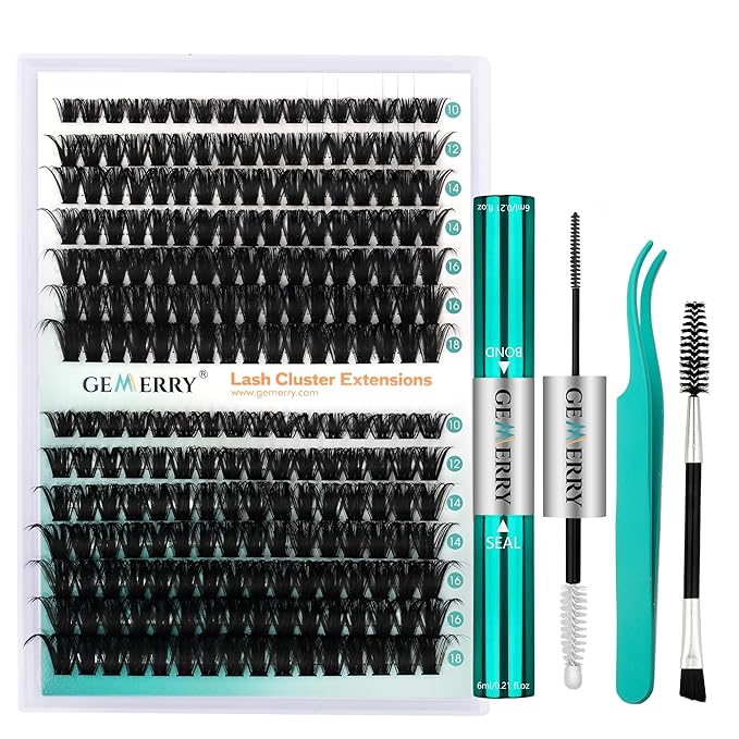 GEMERRY Fluffy Lash Extension Kit Thick Lash Clusters Kit Eyelash Clusters 280Pcs D Curl Eyelash Extension Kit With Lash Bond and Seal, Lash Tweezers, DIY Lash Extension(80P+100P-10-18mm)