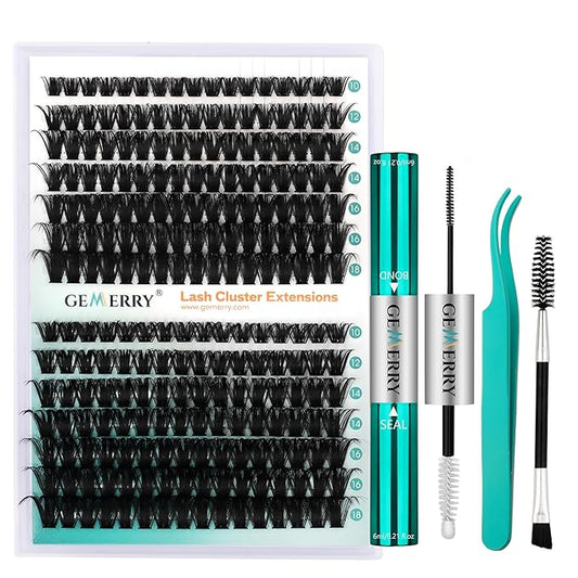 GEMERRY Fluffy Lash Extension Kit Thick Lash Clusters Kit Eyelash Clusters 280Pcs D Curl Eyelash Extension Kit With Lash Bond and Seal, Lash Tweezers, DIY Lash Extension(80P+100P-10-18mm)