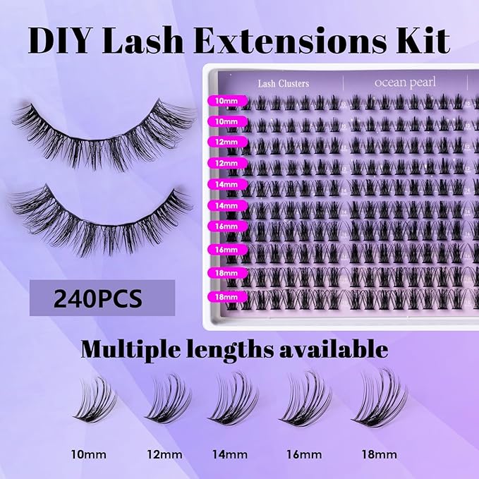 Ocean Pearl Lash Clusters Kit 240pcs,Eyelashes,spike-effect cluster lashes,10-18mm manga/anime-inspired lashes clusters,eyelash clusters,DIY Cluster Eyelash Extensions with lash bond+seal+tweezers-M33