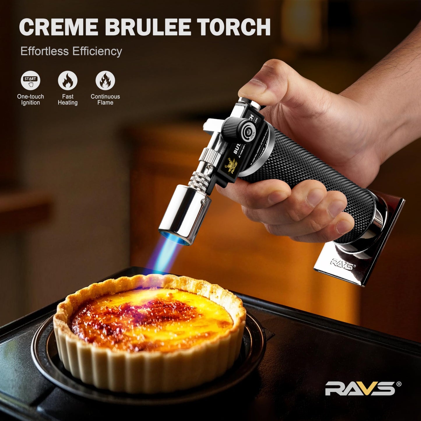 RAVS Butane Torch Lighter, Refillable Butane Kitchen Torch with Safety Lock and Adjustable Flame, Creme Brulee Torch for Baking, BBQ, Blow Torch for Cooking, Black, Butane Gas Not Included