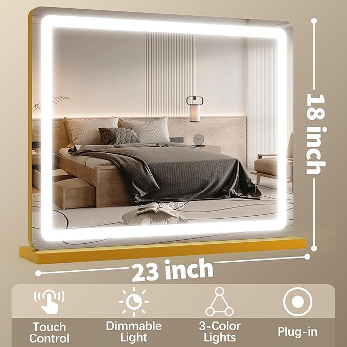 FENNIO 23" x 18" Vanity Mirror with Lights，LED Makeup Mirror，Hollywood Mirror with 3 Color Modes & Adjustable Brightness，Vanity Mirror Gold