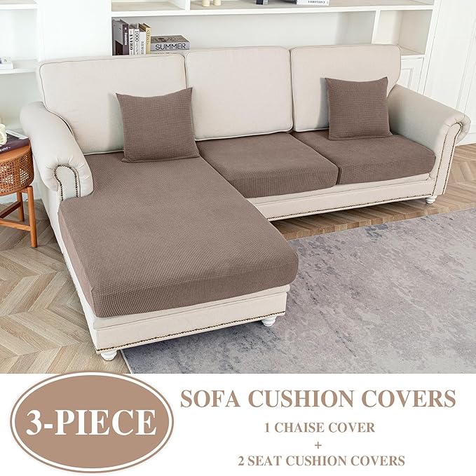 Couch Cushion Covers for Sectional Sofa L Shape Washable Separate Seat Chaise Couch Cover Stretch Sofa Slipcovers with 2 Pcs Pillowcases(2 Seater + 1 Chaise, Khaki)