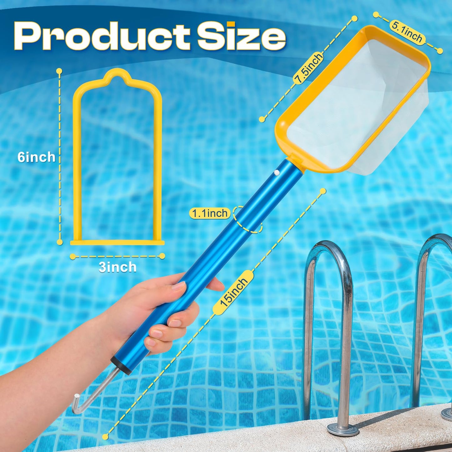 ComfyKit 22.5in 2-in-1 Pool Skimmer Tool with Stainless Steel Hook and Detachable Fine Mesh Net, Includes Skimmer Basket Handle, for Above Ground and Inground Pools