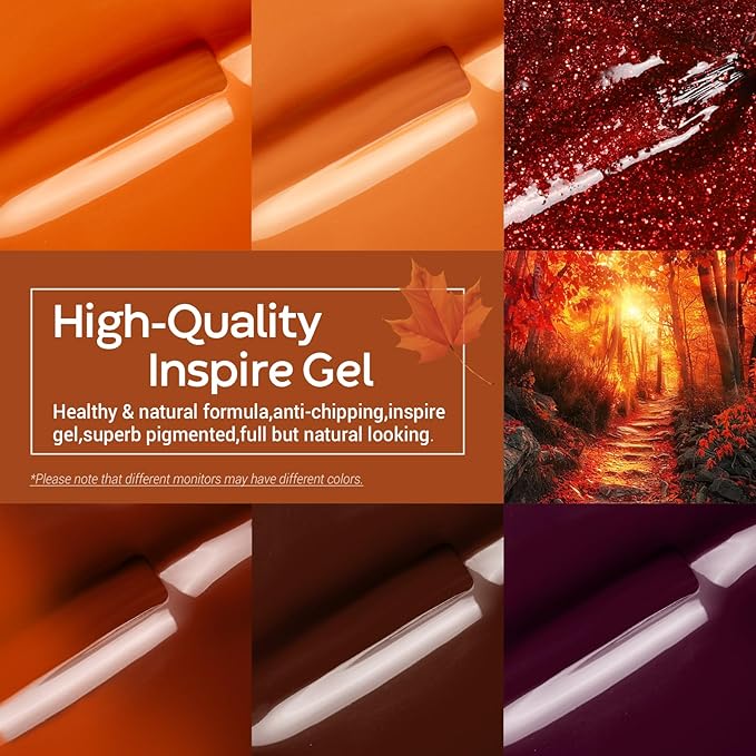 modelones Gel Nail Polish Set, 6 Colors Winter Brown Maple Burnt Orange Maroon Burgundy Red Glitter Gel Polish Cherry Mocha Turkey Pumpkin Color Changing Nail Polish LED Gift