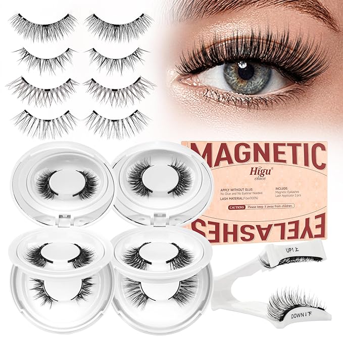 Higu clace Magnetic-Eyelashes with Applicator 4 Pairs Magnetic-Lashes Natural Look Wispy Magnet Lashes Easy to Wear and RemoveÃ¯Â¼ÂDJCX-A08)