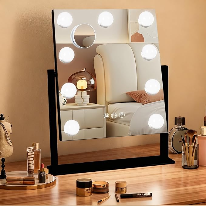 Black Hollywood Vanity Mirror with Lights, 9 Dimmable Bulbs, 3 Color Lights,Make Up Lighted Mirror, 10x Magnification 360°Rotation(12" x 14")