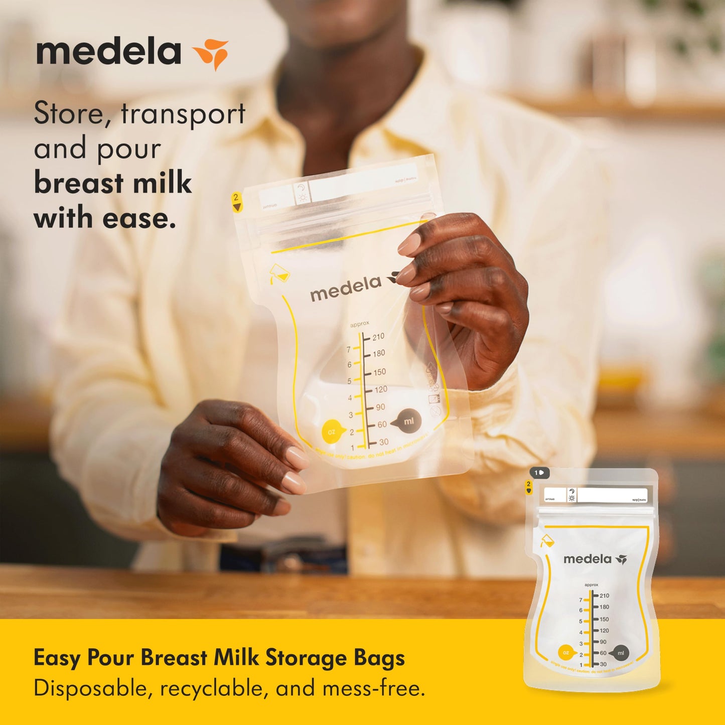 Medela Easy Pour Breastmilk Storage Bags 200 Count 7oz/210ml Disposable, Leakproof, Fast Freeze, Breast Milk Protection Recyclable & BPA Free