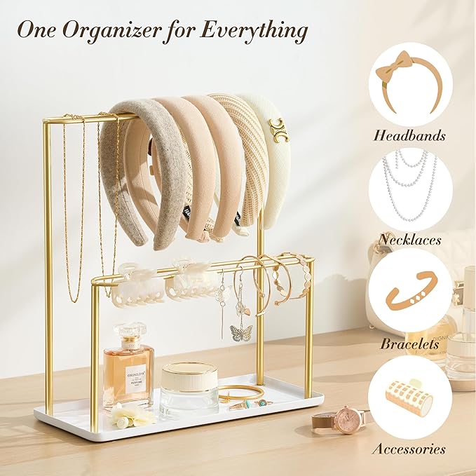 Headband Holder Organizer Metal 2-Tier with Tray: Hair Accessories Display Stand Storage Hairband Rack Necklace Stand Home Bedroom for Girls Women, Gold