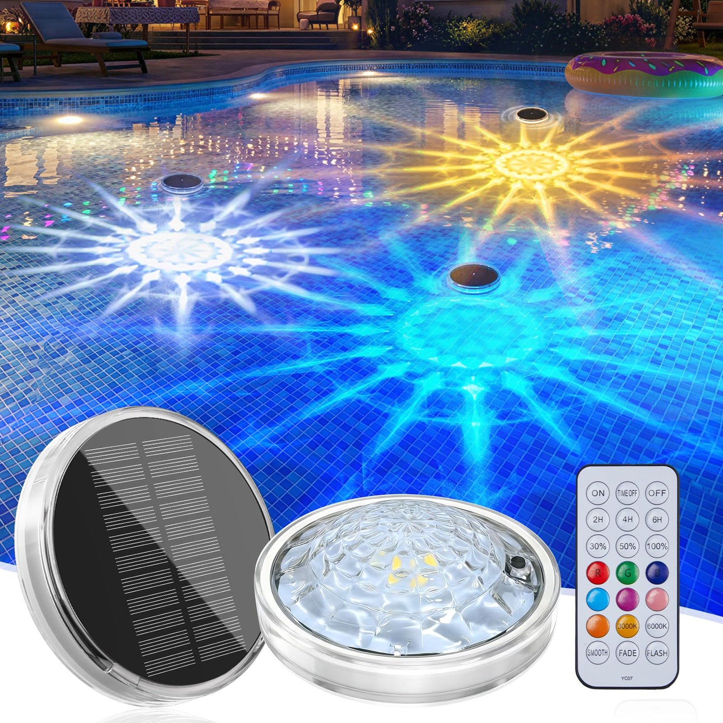 Floating Solar Pool Lights 1 Pack, RGBWW 12 Lighting Modes, 3 Dimming & Timing IP68 Waterproof with Remote Control, Solar Floating Pool Lights for Above Ground Pools Inground Pools Accessories Bathtub