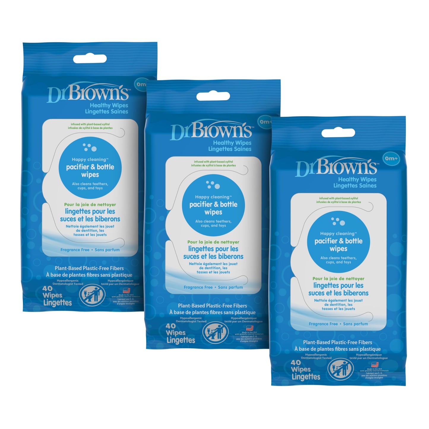 Dr. Brown's Bottle and Pacifier Healthy Wipes, Safely Clean Bottles, Baby Items, and Feeding Essentials, Hypoallergenic, 40 count, 3-Pack (Packaging May Vary)