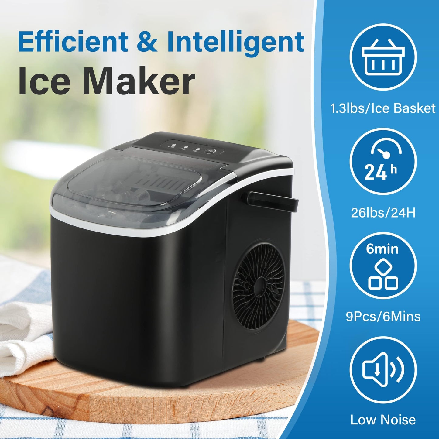 HealSmart Countertop Ice Maker, 9 Ice Cubes Ready in 6 Minutes, 26lbs/24Hrs, 2 Sizes Bullet Ice, Self-Cleaning with Scoop, Basket & Handle, for Kitchen, Office, Black