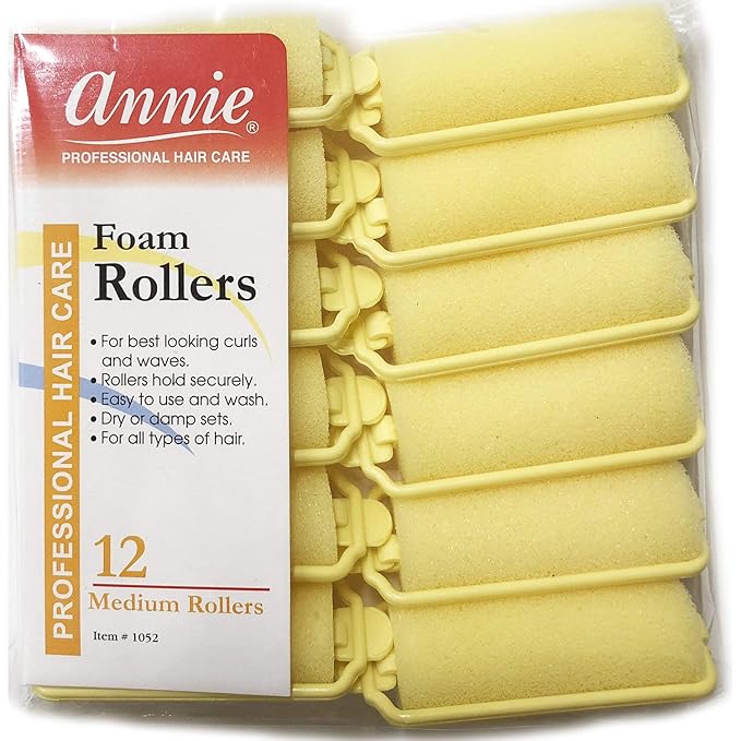 Annie Foam Hair Rollers 7/8 Inch Medium, 12 Count Yellow Soft Sponge Curlers for Heatless Curls, No Pins or Clips Needed, For Wet or Dry Hair, Tight Defined Curls