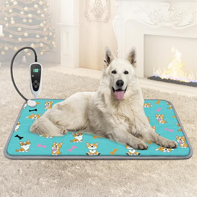 Large Dog Heating Pad 34x21in with Smart Thermostat Switch and Power Line Protection Tube,Obtained MET and UL Dual Certification,Waterproof Pet Pad, Suitable for Dogs of All Ages-Blue