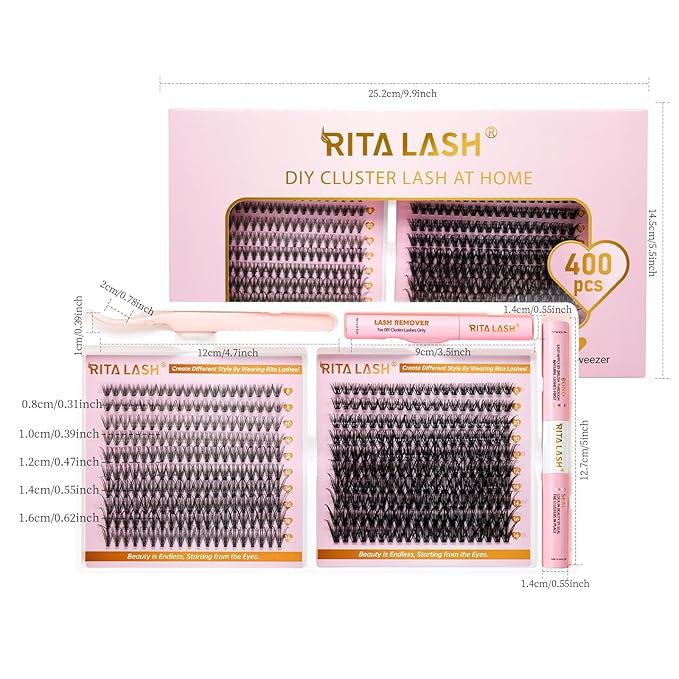 RITALASH Lash Extension Kit DIY Lash Clusters Kit 400pcs Cluster Lashes Individual Lashes Eyelash Extension Kit with Lash Bond and Seal,Lash Remover,Lash Tweezers(20D+40D Cluster Kit,8-16mm)