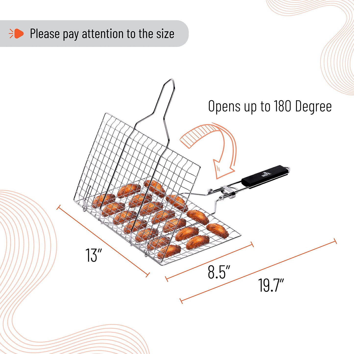 UNCO- Fish Grilling Basket, 2 Sets, Folding Portable Stainless Steel BBQ Grill Basket with Removable Handle and Silicon Basting Brush for Fish, Vegetables, Shrimp, Gifts for Dad, Husband & Friend