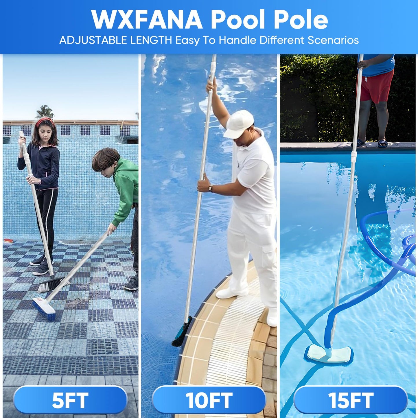 WXFANA 15FT Telescopic Pool Pole, Pool Skimmer Pole Heavy Duty, Adjustable 3 Piece Expandable Step-Up, Universal Pole for Skimmer Nets, Rakes, Brushes, Vacuum Heads Cleaning.