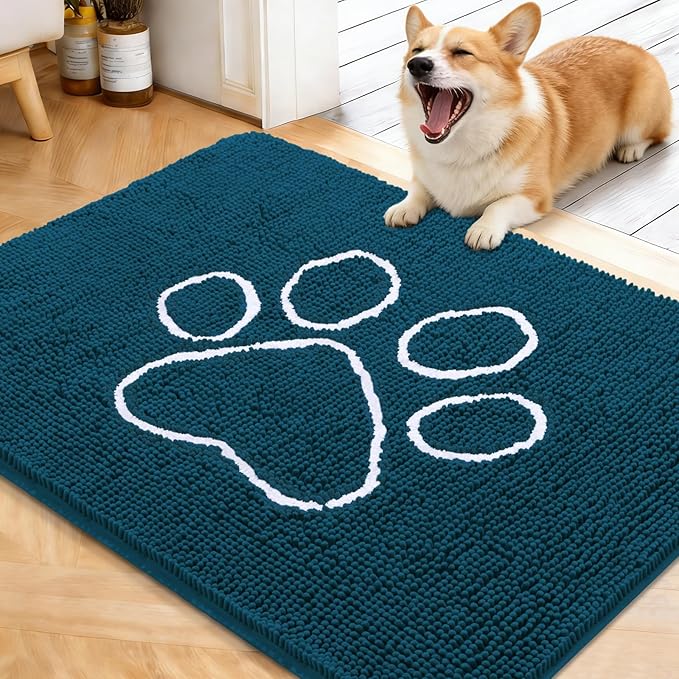 OLANLY Dog Door Mat for Muddy Paws 40x32, Paw Print Design, Absorbs Moisture and Dirt, Absorbent Non-Slip Washable Doormat, Quick Dry Chenille Mud Mat, Entry Indoor Entryway Carpet, Atlantic Blue