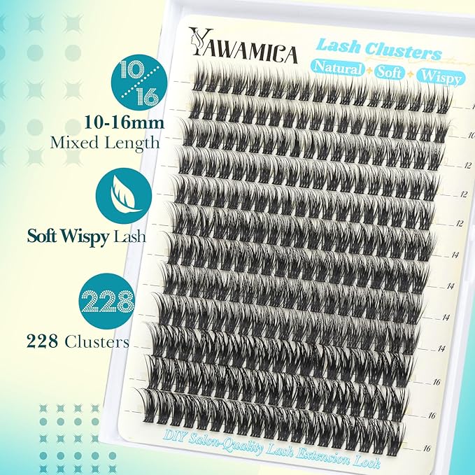 Yawamica Lash Extension Kit Wispy Lash Clusters Kit 10-16mm Eyelash Extension Kit C Curly Eyelash Clusters 228pcs Individual Lashes with Waterproof Lash Bond and Seal Lash Tweezers for Hybrid Look
