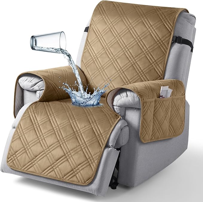 TAOCOCO 100% Waterproof Recliner Chair Cover, Recliner Covers for Recliner Chair with Pocket, Non Slip Reclining Chair Cover Furniture Protector for Kids, Pets(23.6'', Khaki-Velvet)