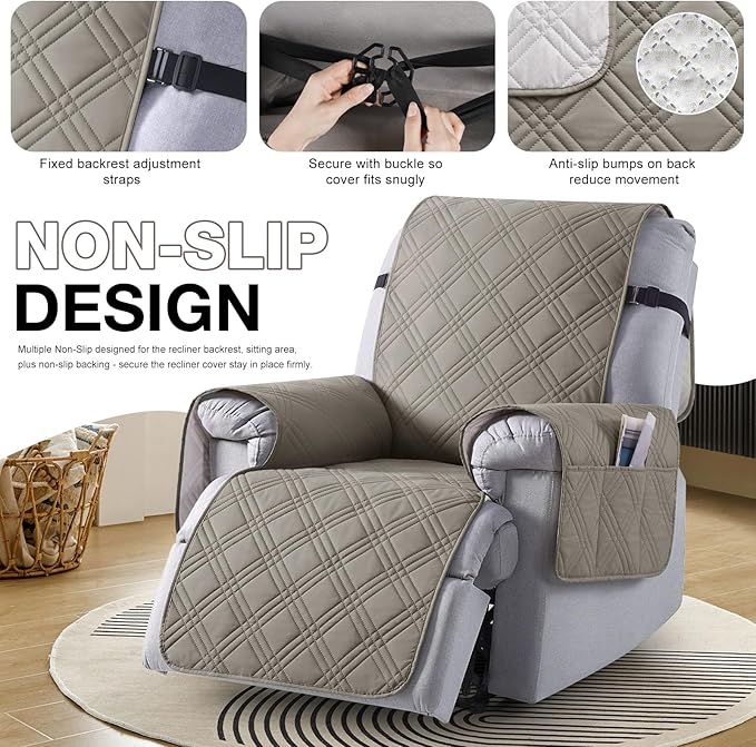 TAOCOCO 100% Waterproof Recliner Chair Covers, Non Slip Recliner Covers for Recliner Chair with Pocket, Washable Reclining Chair Cover Furniture Protector for Kids,Dogs(22'', Light Brown)