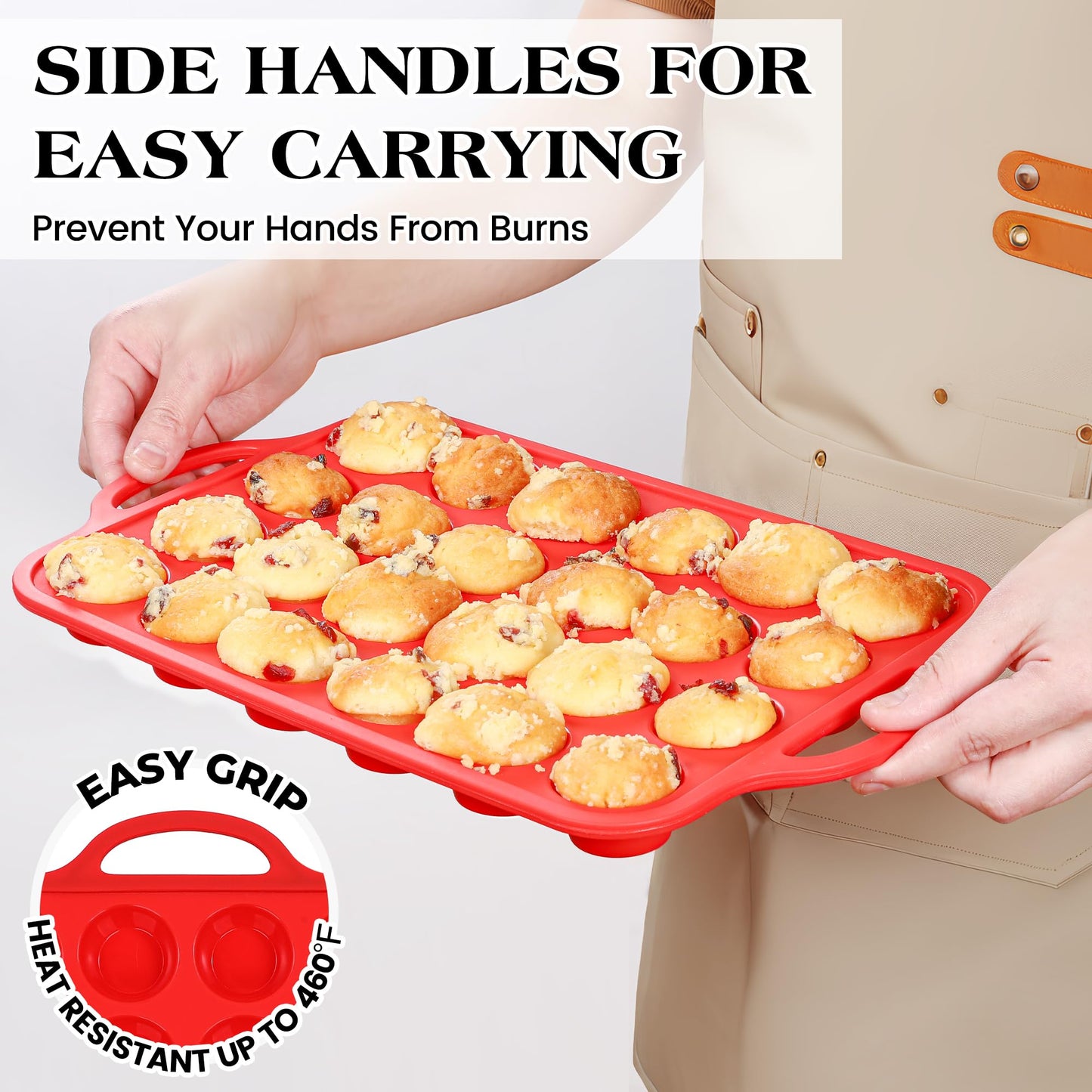 AOTASO Silicone Mini Muffin Pan With Stainless Steel Reinforced Frame 24 Cups Nonstick Cupcake Molds for Baking Silicone Muffin Tray with Handles(2 Pcs, Red)