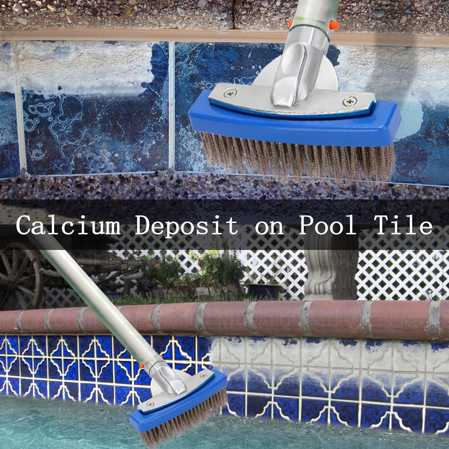 Pool Pumice Stone and 5 inch Stainless Steel Pool Brush Set with EZ-Clip Handle to Reomve Erase Rust Stain Spot in Concrete Plaster Pool Spa and Calcium Deposit on Pool Tile