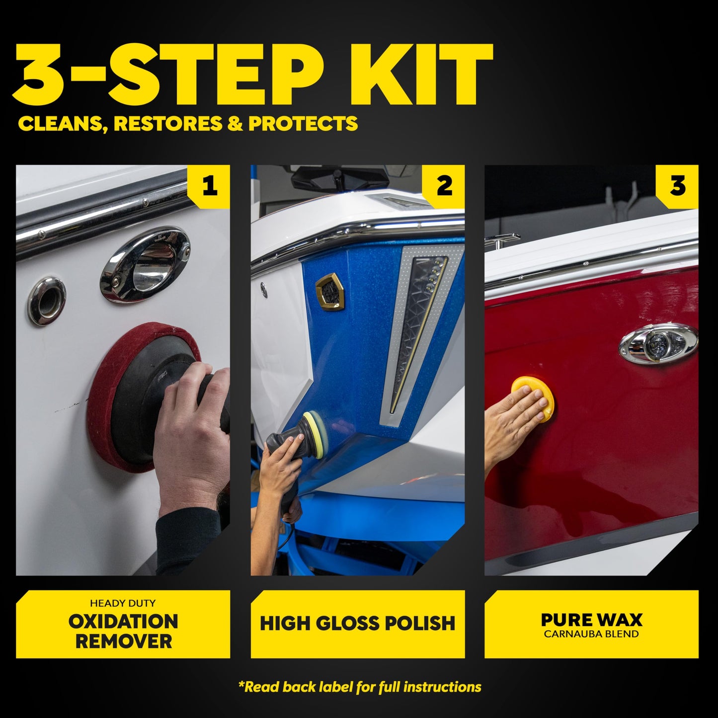 Meguiar's M4965 Marine/RV Fiberglass Restoration System, 3-Piece Marine Fiberglass Repair Kit Featuring Oxidation Remover for Boat Care Plus Boat Polish and Wax