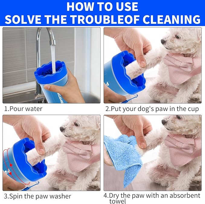 Professional 7 in 1 Dog Paw Cleaner for Dogs & Cats - Includes 1 Portable Paw Washer, 1 Bath Brush, 2 Dog Toothbrushes and 3 Absorbent Towels Note: Fits Paws up to 2 Inches Wide (Small, Navy Blue)