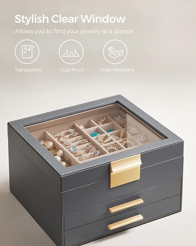SONGMICS GISELLA Collection - Jewelry Box Organizer, 3-Layer Jewelry Storage with 2 Drawers, Shiny Metal Hardware, Glass Lid, Modern, 8 x 9.1 x 5.3 Inches, Gray and Gold Color UJBC239G02