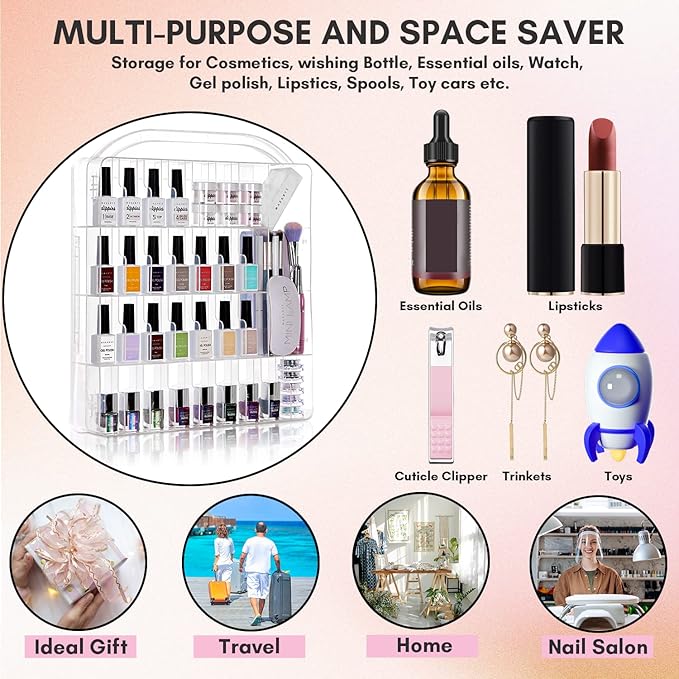 Makartt Gel Nail Polish Organizer, Clear Storage Case Holder for 60 Bottles, Large Compartment, Space-Saving, Travel Carry, Colors Display