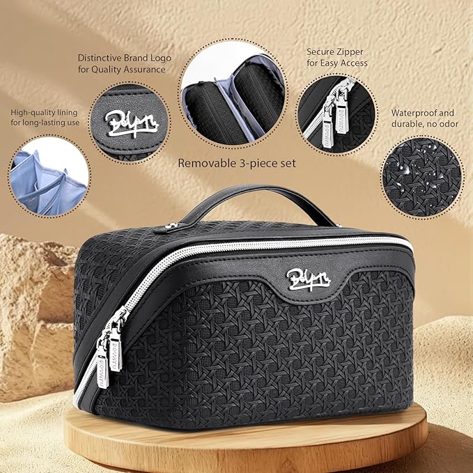 BOYATU Travel Makeup Bag Cosmetic Bags for Women: Large Capacity 3 Pcs Set Make up Bag with Compartments - Waterproof Vegan Leather Toiletry Organizer Bags with Handle (M-71Black)