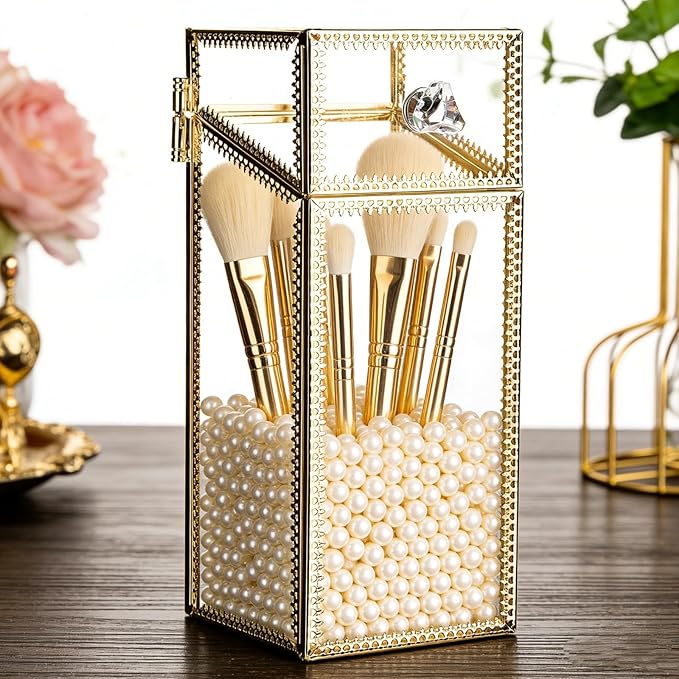 Makeup Brush Holder Organizer with Lid, Glass Cosmetic Make Up Brushes Container, Clear Makeup Tool Storage Box Cup with Pearls, Vintage Dustproof Vanity Decor for Countertop Desktop
