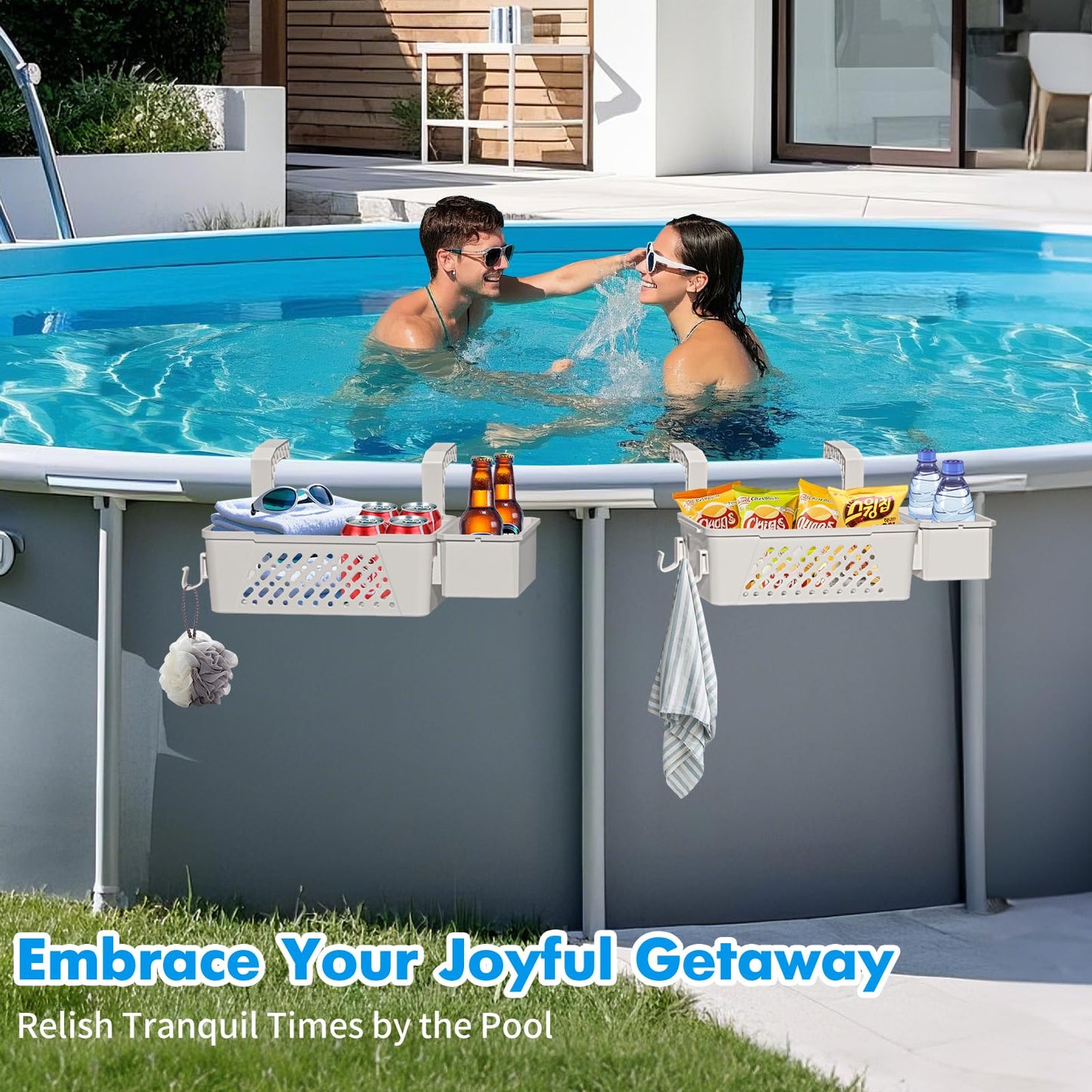 Poolside Storage Basket 2 Pack - Above Ground Pool Accessories, Swimming Pool Storage Baskets with Cup Holders,Fits 3” or Smaller Top Rails,Versatile Organizer for Pool Toys,Towels,Beverages (Beige)