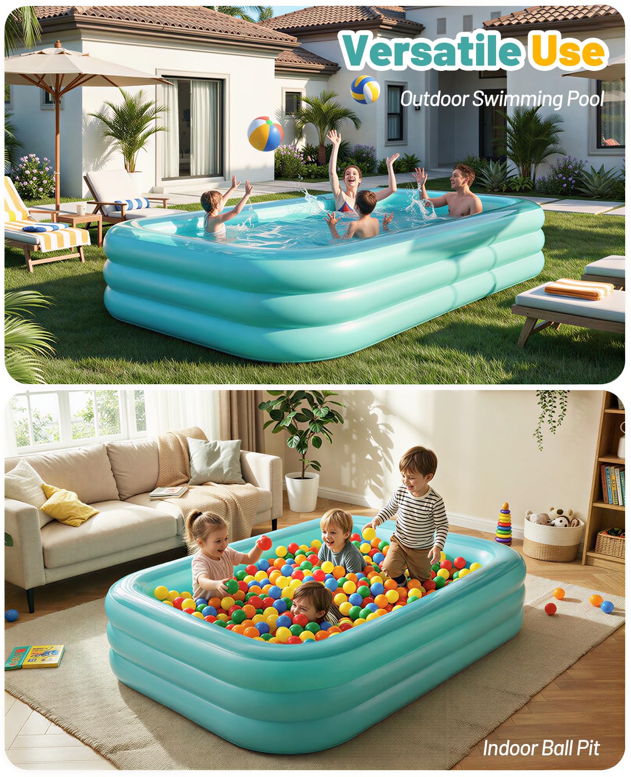 HeySplash Inflatable Pool with Canopy, Large Inflatable Swimming Pool for Adults & Kids, Blow Up Pool Thickened Family Pool for Outdoor Backyard Garden Party Summer Fun, 102" x 65" x 22"(Green)