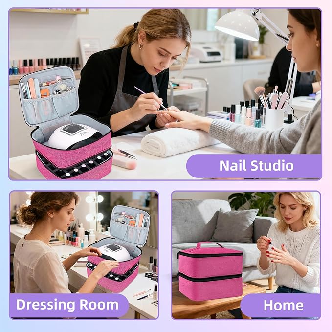 Nail Polish Organizer Holds 30 Bottles (15ml - 0.5 fl.oz) Double-layer Gel Nail Polish Kit Case, Nail Holder for Nail Lamp, Portable Nail Organizer and Storage for Nail Supplies (Rose)