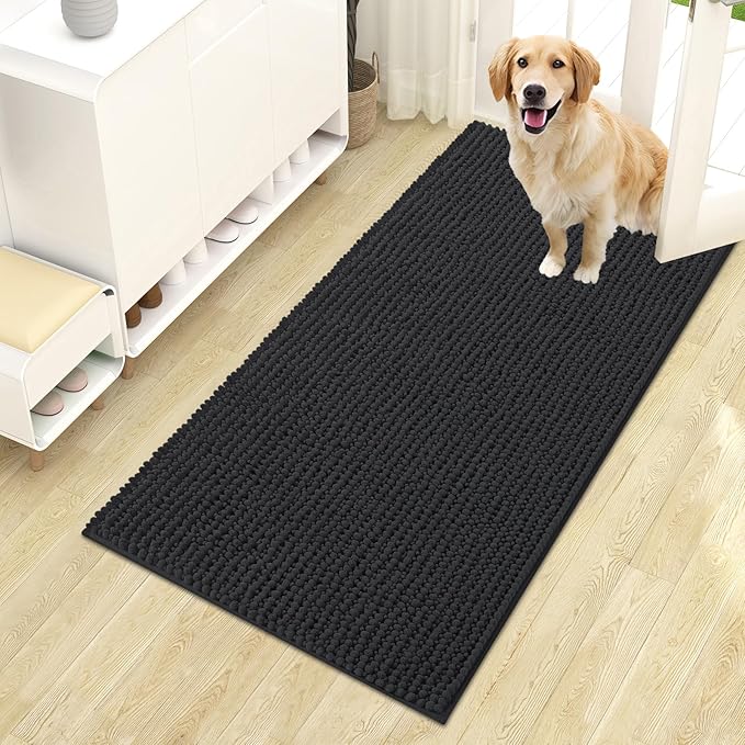 OLANLY Dog Door Mat for Muddy Paws 44x24, Ultra Absorbent Chenille Mud Doormat, Non-Slip Washable and Dirt Trapping Doormat for Indoor Entryway, Quick-Dry Indoor Pet Bed Mats for Dogs, Dark Grey