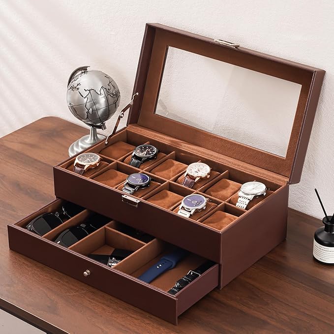 ProCase Watch Box, 12 Slot Mens Watch Case With Drawer, 2-Layer Watch Display Case With Glass Lid, Mens Jewelry Box Storage Holder Organizer, Birthday Valentine Gifts for Men -12Slot, Espresso