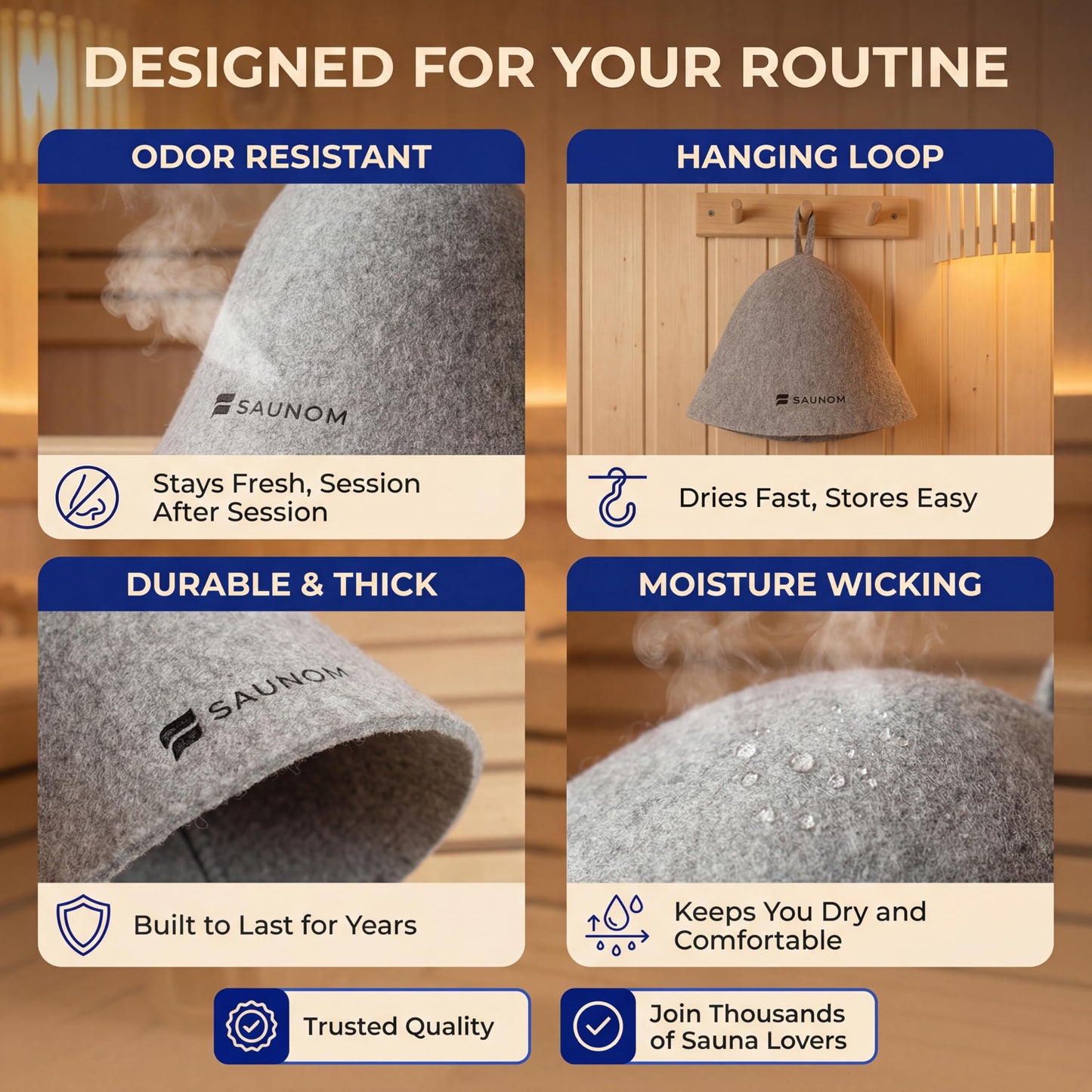 SAUNOM Premium Ultra Soft Grey Sauna Hat for Women and Men — 100% Natural Wool — Ultra Soft, Breathable, Itch-Free and Odor Resistant Sauna Cap