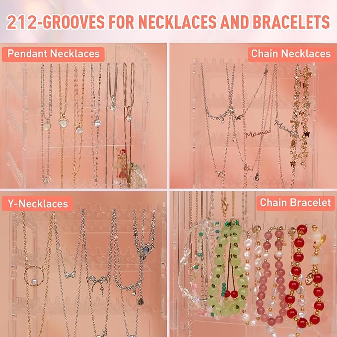 360 Rotating Earring Holder Organizer Stand,5 Tiers Acrylic Jewelry Organizers and Storage,Stud Earring Organizers and Storage,212 Holes and 212 Grooves for Earrings Necklaces chain bracelet