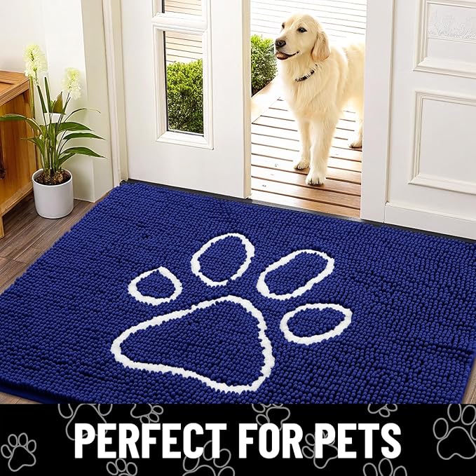 Smiry Dog Door Mat for Muddy Paws, Absorbent Dirt Trapper Non Slip Quick Dry Washable Chenille Mat for Mud Dogs, Entry Rug for Indoor and Outdoor (40x32 Inches, Navy Blue and White)