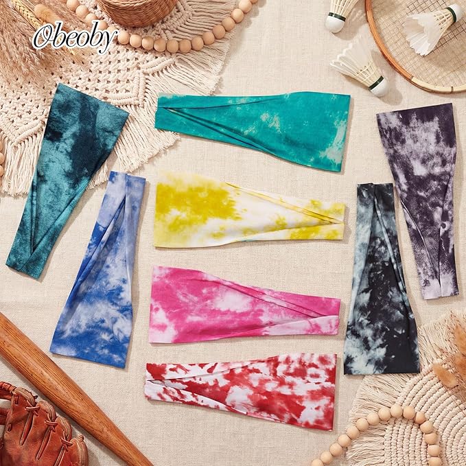 obeoby Tie Dye Headbands, 8Pcs Boho Hairbands Hippie Gifts for Women Fashion Workout Headbands for Yoga Work Athletes Running Enthusiasts