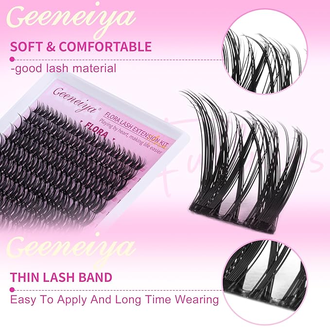 Geeneiya FLORA Lash Clusters, 8-18MM Wispy Eyelash Clusters, Natural Cluster Lashes for Beginners, Waterproof Cluster Eyelash Extensions DIY Lashes (Not Kit)