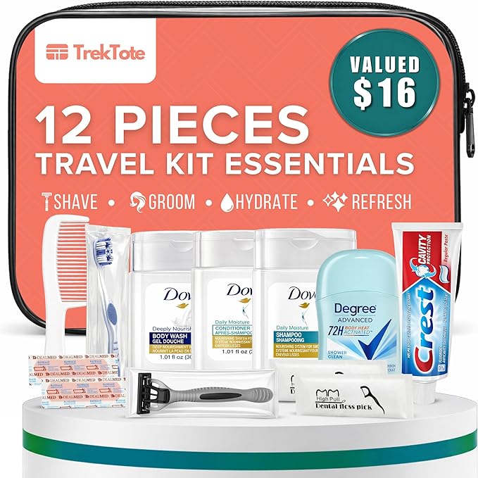TrekTote Women’s 12 Piece Travel Hygiene Kit, Travel Size Toiletries Set with Cosmetic Bag, Carry On Essentials for Flights, Weekend Overnight Stay, Emergency Kit