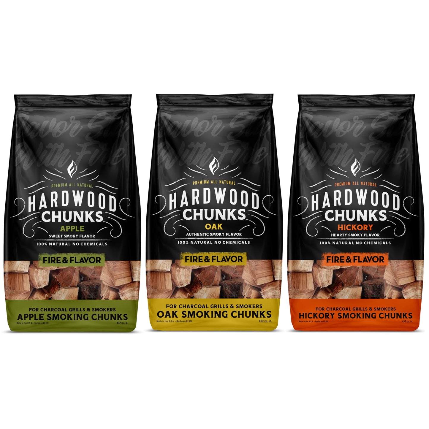 Fire & Flavor Premium All Natural Wood Chunk Bundle for Smokers - Wood Chunks for Smoking - Smoker Wood Chunks - Smoker Accessories Gifts for Men and Women - Oak, Apple, Hickory