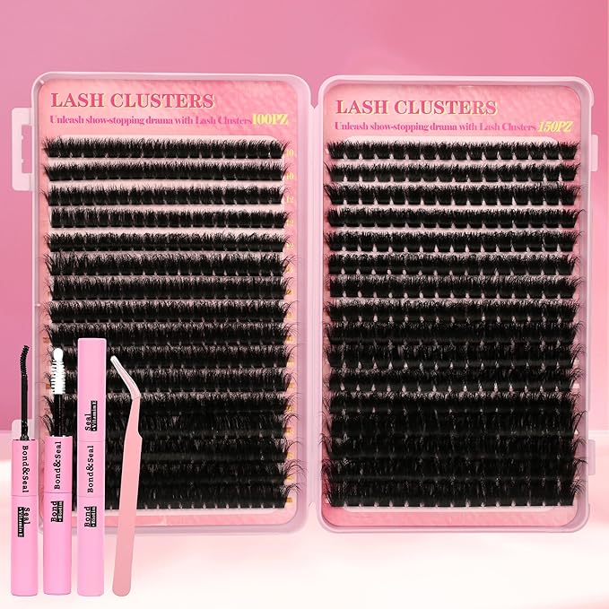 Lash Clusters Kit 560Pcs Cluster Eyelash Extensions Volume 100D 150D Eyelash Clusters D Curl Lashes Clusters DIY Individual Lash Clusters Eyelash Glue Lash Tweezers