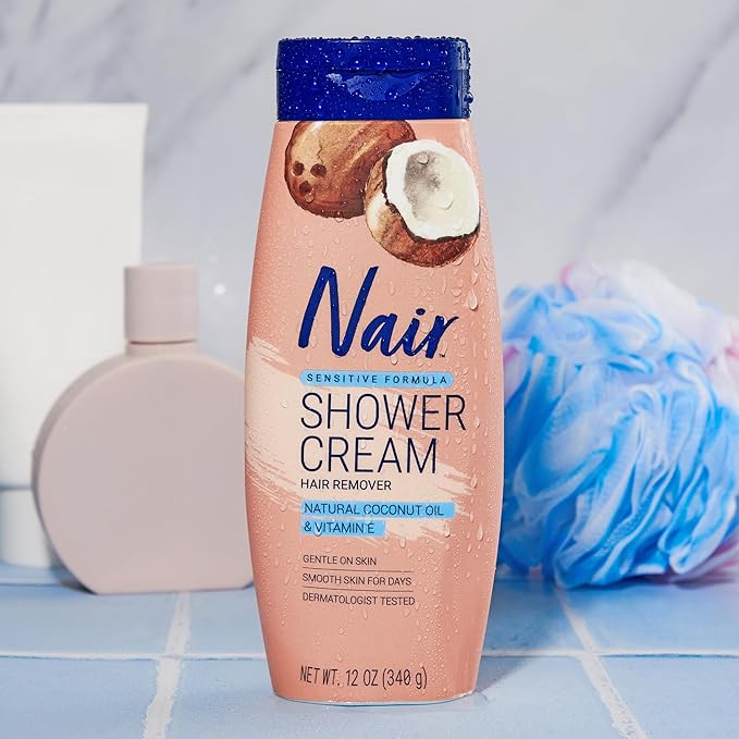 Nair Sensitive Shower Cream Hair Remover with Natural Coconut Oil and Vitamin E, Body Hair Removal Cream, 12 oz (Pack of 2)