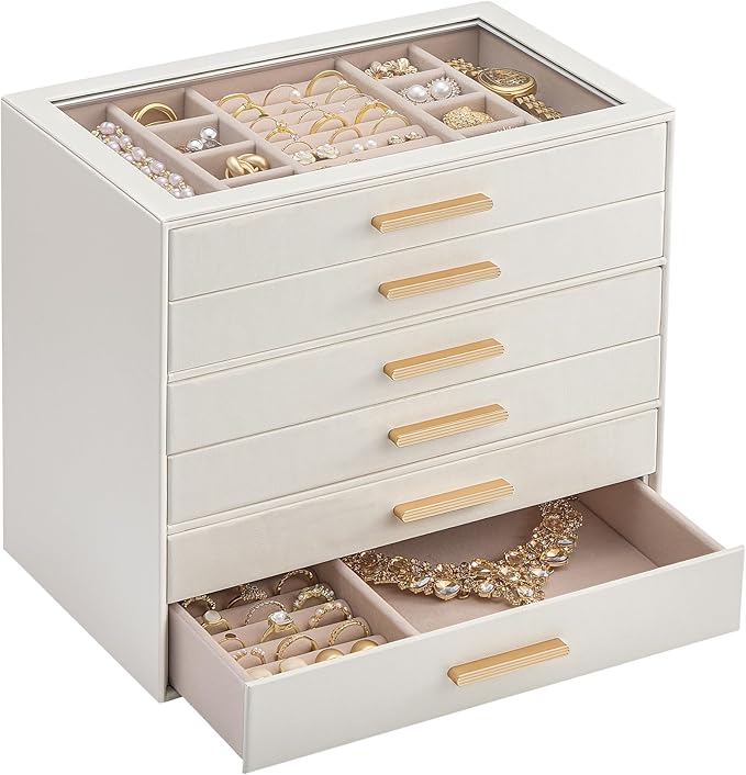 Lolalet Jewelry Box Organizer, 6-Layer Jewelry Organizers and Storage Case with Glass Lid, Ring Earring Bracelet Necklace Holder Organizer, Birthday Valentine Gifts for Women Girls -6Layer, Beige