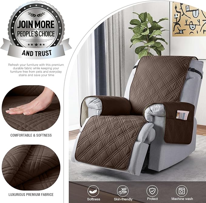TAOCOCO 100% Waterproof Recliner Chair Cover, Non Slip Recliner Covers for Recliner Chair with Pocket, Washable Reclining Chair Cover Furniture Protector for Kids,Dogs(23.6'', Dark Brown)